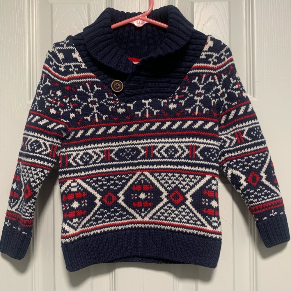 H&M Boys Fair Isle Sweater Navy Red White Nordic Knit Pullover
